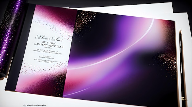 Фото Фото близкого плана красиво спроектированной фиолетовой и черной свадебной пригласительной карточки