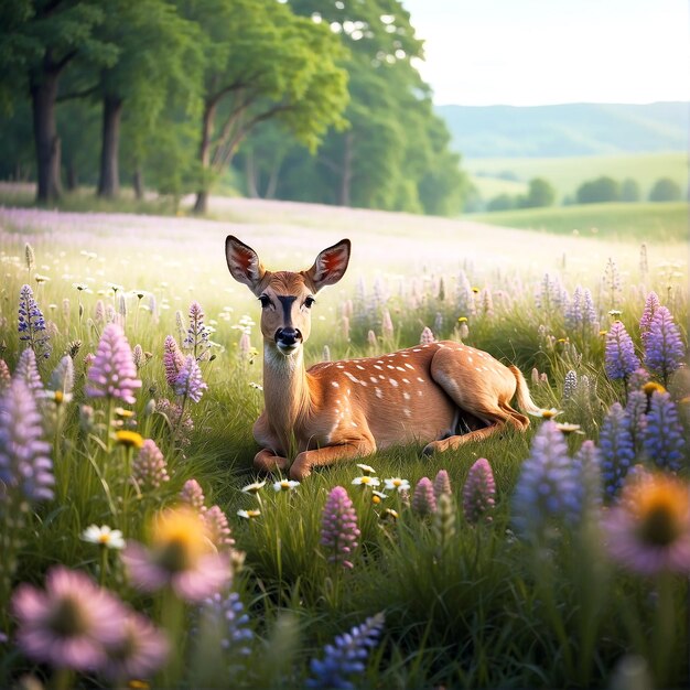 Фото photo of a deer lying down in the grass ai generated