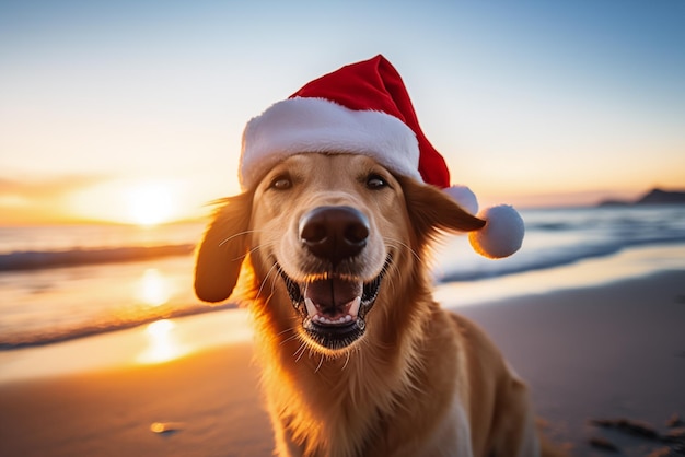 Фото Фото собаки в шляпе санта-клауса на пляже фото высокого качества