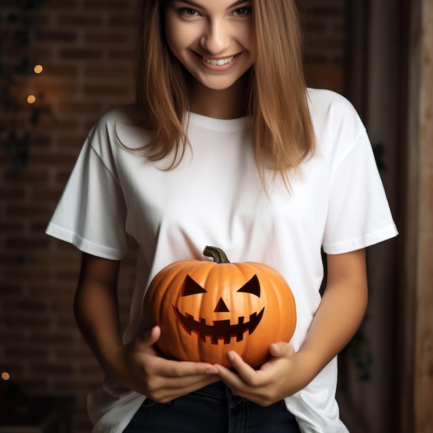 Фото Фотография девушки со страшной тыквой на хэллоуин в простой белой футболке