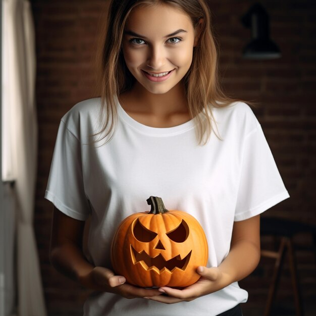 사진 평범한 흰색 티셔츠를 입고 무서운 할로윈 호박을 들고 있는 소녀의 사진