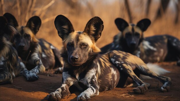 写真 サバンナのオープンエリアで休んでいるアフリカ野生犬の群れの写真