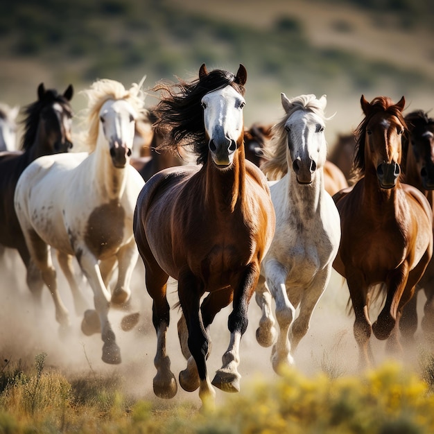 写真 絵のように美しい野原を疾走する馬の群れの写真