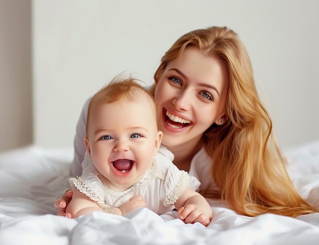 写真 ベッドで一緒に笑っている母と赤ちゃんの写真