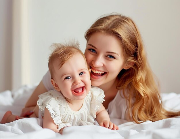 写真 ベッドで一緒に笑っている母と赤ちゃんの写真