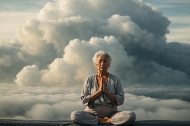 Фото Фото старухи, практикующей йогу и медитирующей на небесах.