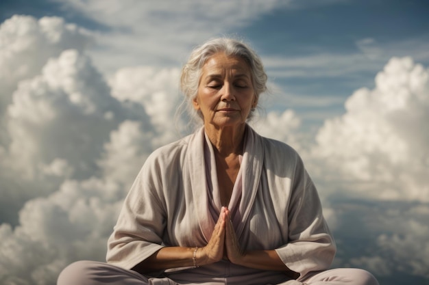 Фото Фото старухи, практикующей йогу и медитирующей на небесах.