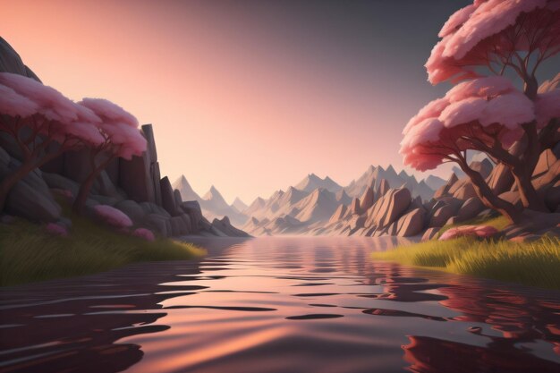 Фото Фото реки с розовыми деревьями и горами на красивом фоне с генеративным ии