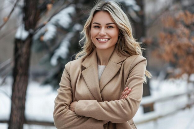 Фото photo of a smiley businesswoman posing outdoor with arms crossed