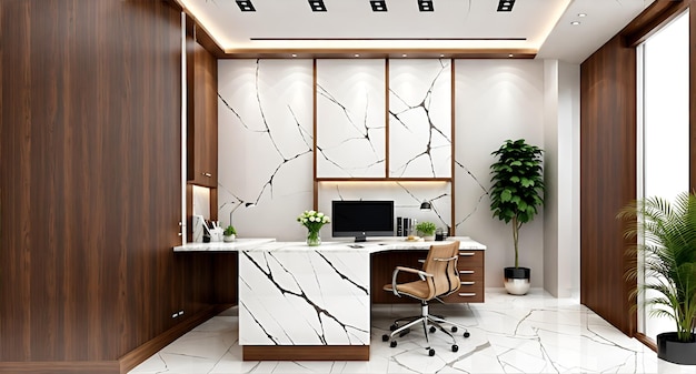 Фото Фото стильного и функционального домашнего офиса с мраморным столом и деревянными шкафами
