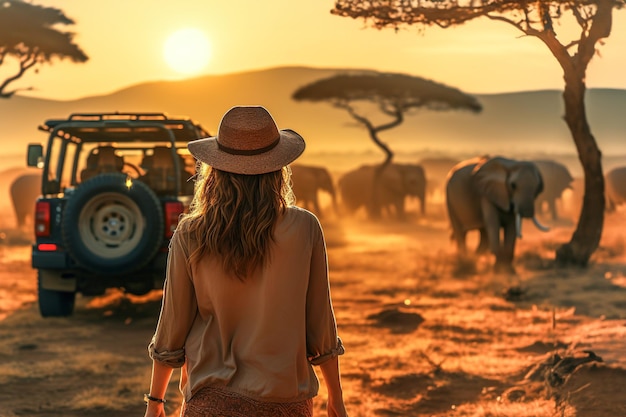 写真 アフリカの野生のサファリで象の群れに近づいている帽子をかぶった女性の写真