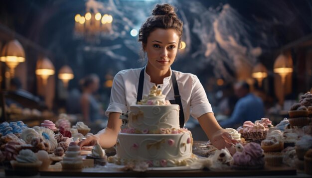 Фото Фото женщины, стоящей перед большим тортом