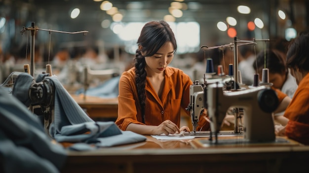 사진 섬유 공장에서 산업용 바느질 기계로 바느질하는 아시아의 바느질녀의 사진