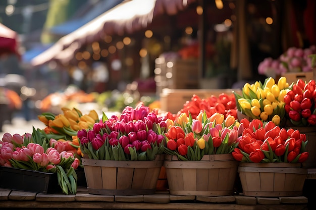 Фото Фото из корзины тюльпанов на фермерском рынке весна
