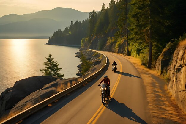 写真 美しい沿岸道路に沿って自転車に乗っているバイカーの写真