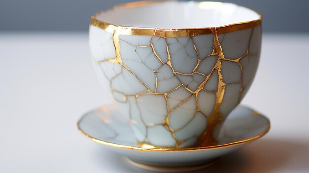Foto photo of ceramic with kintsugi restored with gold cracks traditional japanese gold fixing method