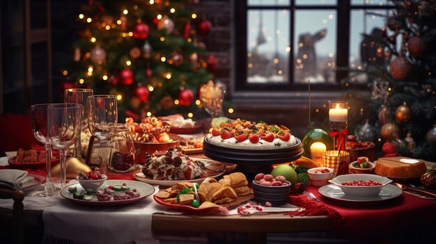 写真 クリスマスの背景に食べ物や飲み物が描かれたクリスマスディナーテーブルの写真