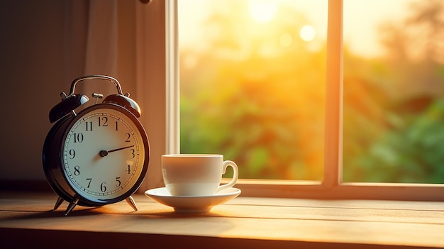 写真 ティーコーヒーカップの風景と夕方の時計をクローズアップした写真