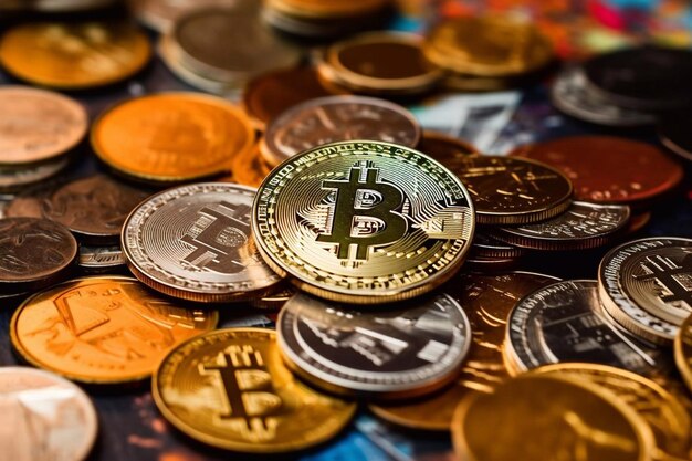 写真 カラフルな背景に仮想通貨の物理的な金色のビットコイン コインの写真生成 ai