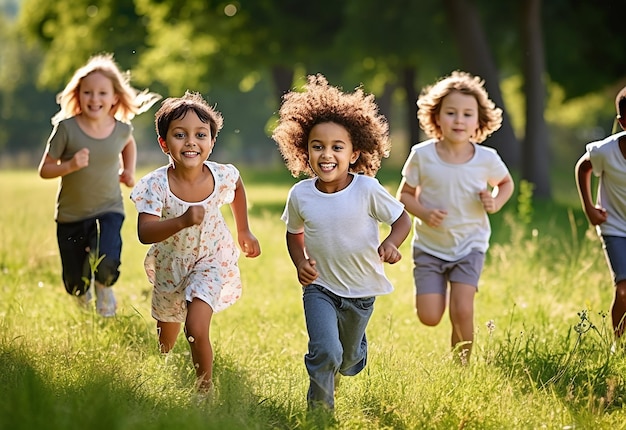 사진 여름 에 초록색 들판 들판 에서 뛰고 놀고 있는 귀여운 어린이 들 의 사진