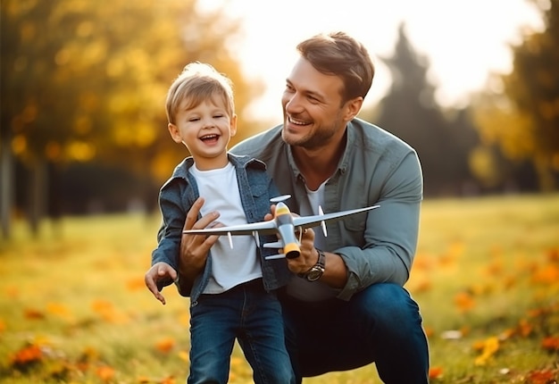 Фото Фотография милого сына и отца, играющих с самолетом на природе