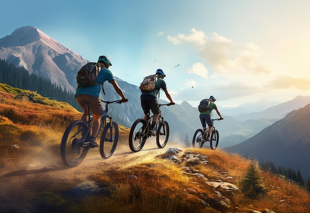 Фото Фотография велосипедистов, едущих на велосипеде в вечернее время на фоне заката горной природы