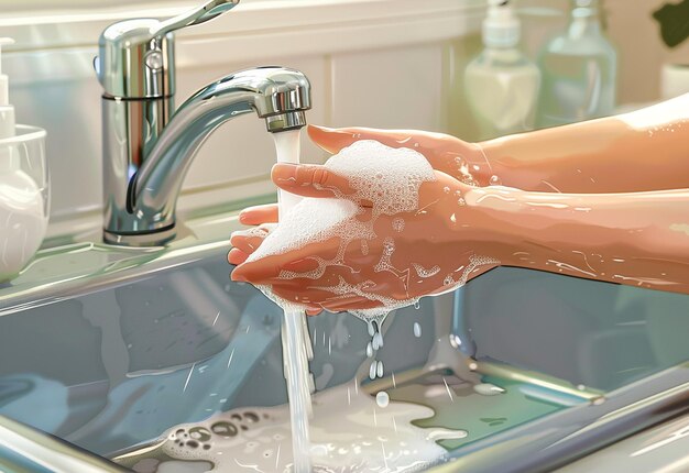 사진 화장실 싱크에서 물과 비누 손목 거품으로 손을 는 깊은 청소 사진