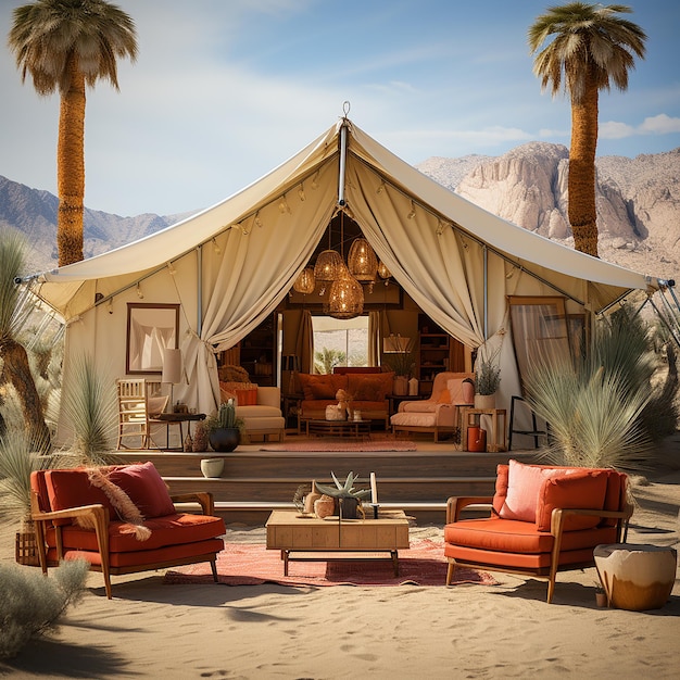 photo_of_desert_tent_palm_trees_vibrant_minimalist