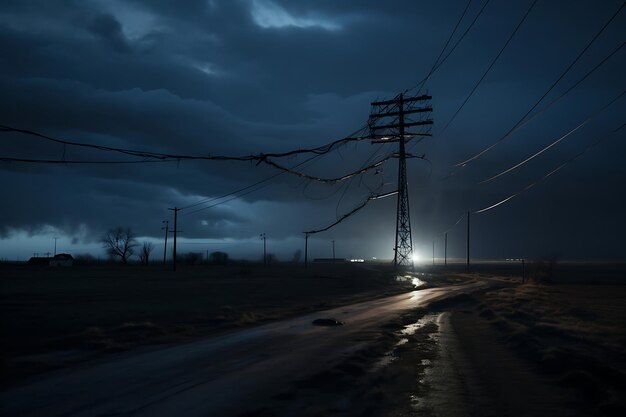 写真 破壊された電線と電力柱の写真