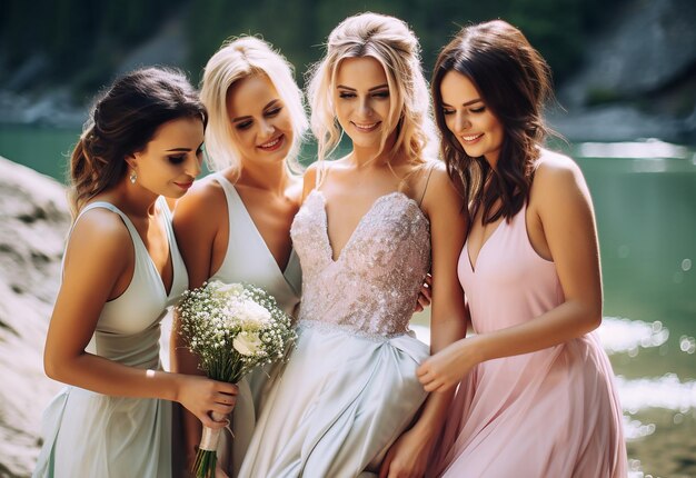 Фото Фотография элегантной красивой невесты и групповых фотографий ее друзей