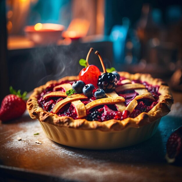 Фото Фото фруктового шоколадного пирога на кулинарном столе на кухне.