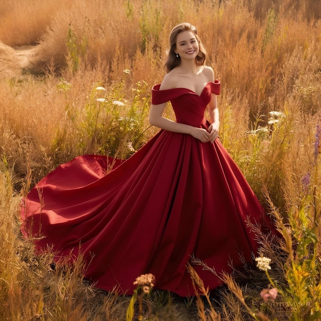 写真 金色の夏の畑に立っている赤いドレスを着た美しい女性の写真