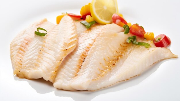 写真 白い皿に焼いた魚と皿に配られた野菜の写真 美味しい食べ物 創造的なai