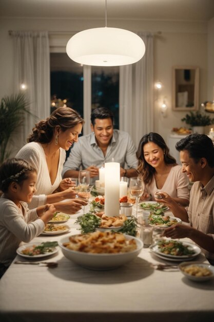 写真 新年の夜を祝うために一緒に夕食を食べる幸せな家族の写真