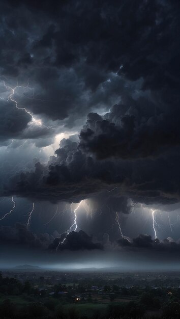 写真 激しい暗い雨の雲が空を照らし雷と雷が巻をフィールドに落とします