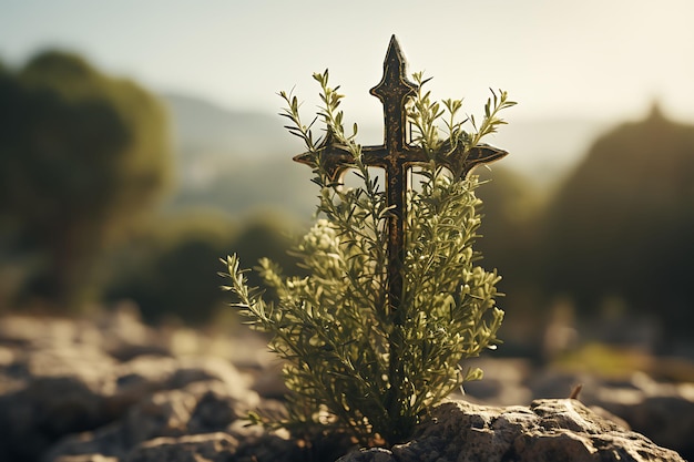 사진 성금요일 부활절 팜 아트가 서 있는 사이프러스 나무 모양의 모티브가 있는 거룩한 십자가 상징 사진