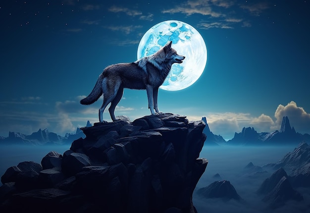 Фото Фото выющего волка на полнолуние в джунглях в полночь с силуэтом волка