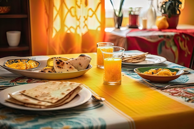 사진 노란색 식탁에 접시를 놓고 준비 중인 인도 음식 사진