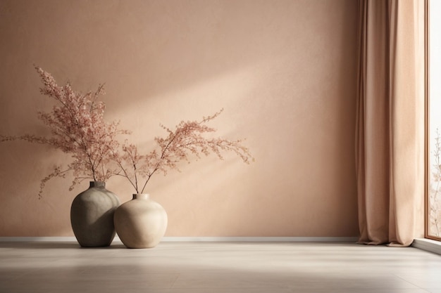 Фото Фото интерьера комнаты фона с штукатуркой стены и вазы с ветвями 3d рендеринг
