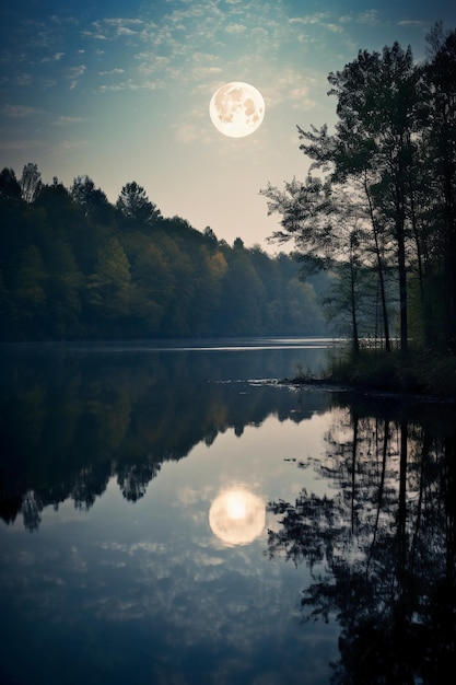 Фото Фотография озера с отражением луны, созданная ai