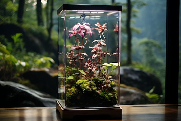 Фото Фото мангостина в стеклянной коробке прямоугольная призма с экзотическим декором деревьев красота естественная