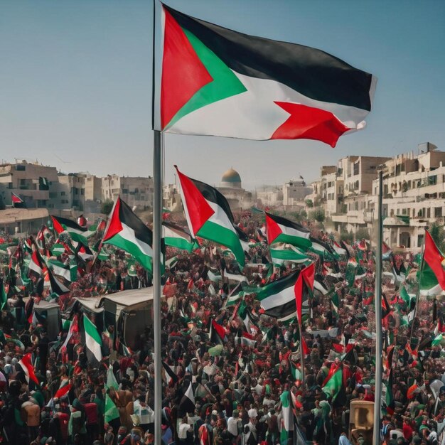 写真 パレスチナの旗を掲げた大規模なデモの写真