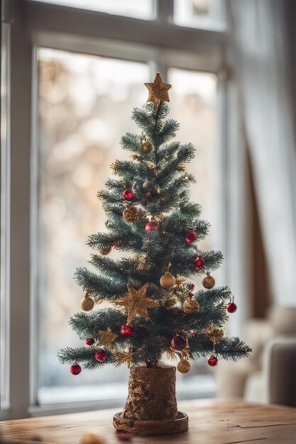 写真 リビングルームの装飾品付きのミニクリスマスツリーの写真