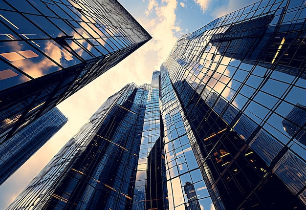 Фото Фото современных деловых зданий в финансовом районе с вертикальным низкоугольным снимком и пейзажем