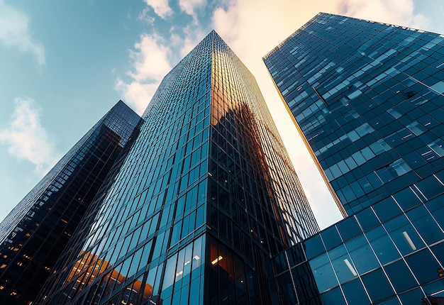 Фото Фотография современных бизнес-зданий в финансовом районе с вертикальным низким углом съемки и пейзажем