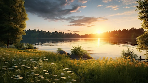 写真 湖の景色を望む朝の自然の写真、太陽の輝き、花、森のお茶とコーヒー