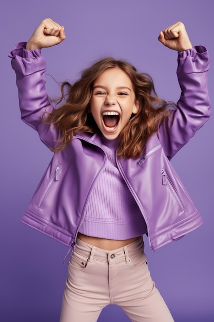 Фото Фото переполненной радостью веселой девушки в стильной одежде празднует успех поднимает руки кулаки изолированы на фиолетовом фоне