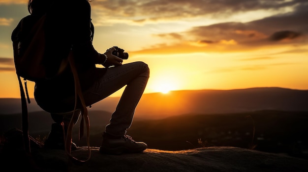 写真 写真家の写真は夕方のビーチの夕日を撮影します