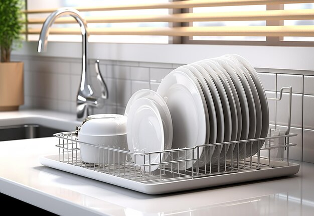 Фото Фотография расстановки тарелок в стойке для тарелок на кухонном столе