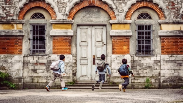 Фото сзади двух мальчиков, бегущих в школу.